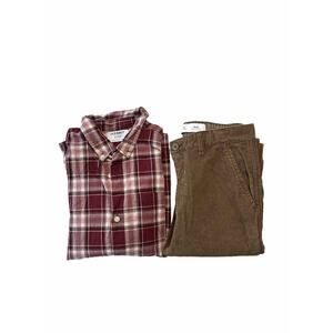 LOT 2 Boy Old Maroon Checkered shirt Brown cord jeans XL 14 - 16 Corduroy B3